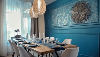 Blue dining room decorated for a special occasion, dinner with friends in modern luxury living room, created with generative AI