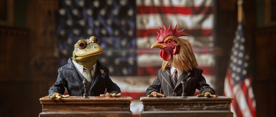 A humorous scene with a frog and chicken, both dressed in formal suits, engaging in a debate with an American flag backdrop.