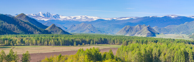 Mountain valley on a spring sunny day, snow on the peaks and greenery