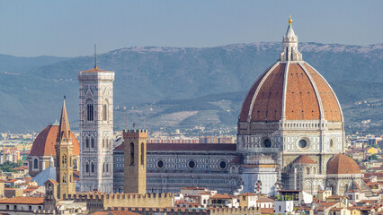Obraz premium Duomo Santa Maria Del Fiore and Bargello aerial timelapse in the morning from Piazzale Michelangelo in Florence, Tuscany, Italy