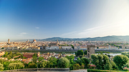 Top view of Florence city timelapse at sunrise with arno river bridges and historical buildings