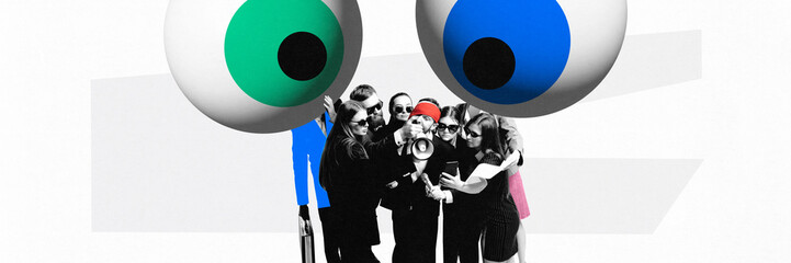 Banner. Contemporary art collage. People with big eyes watch their group of spies who silence man...