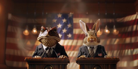 An anthropomorphic frog and rabbit dressed in suits, debating at podiums against an American flag backdrop.