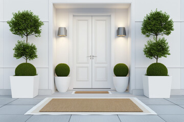 door to the house, Stylish front door of modern house with white walls, door mat, trees in pots, and lamps. Real estate concept