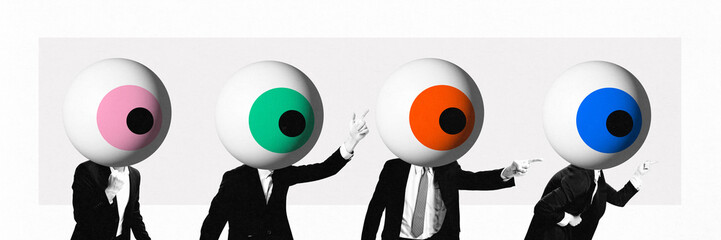 Banner. Contemporary art collage. Row of figures, each with large, stylized eyeballs instead head...