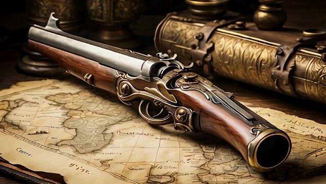  Ornate Antique Flintlock Pistol on Aged World Map