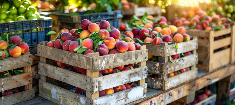 Wall mural sunlit orchard warehouse fresh ripe peaches in wooden crates, embracing a summer fruit vibe