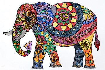 painted elephant in colorful patterns in traditional indian style, ornate animal wallpaper, ornament picture