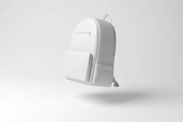 White backpack school bag floating in mid air in monochrome and minimalism. Illustration of the concept of education, backpackers and fashion