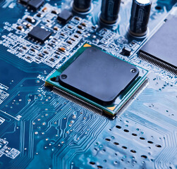 Panoramic View of Technology Chips on a Computer Motherboard: Intricate Printed Circuit Board Design. Crafting with AI Tools