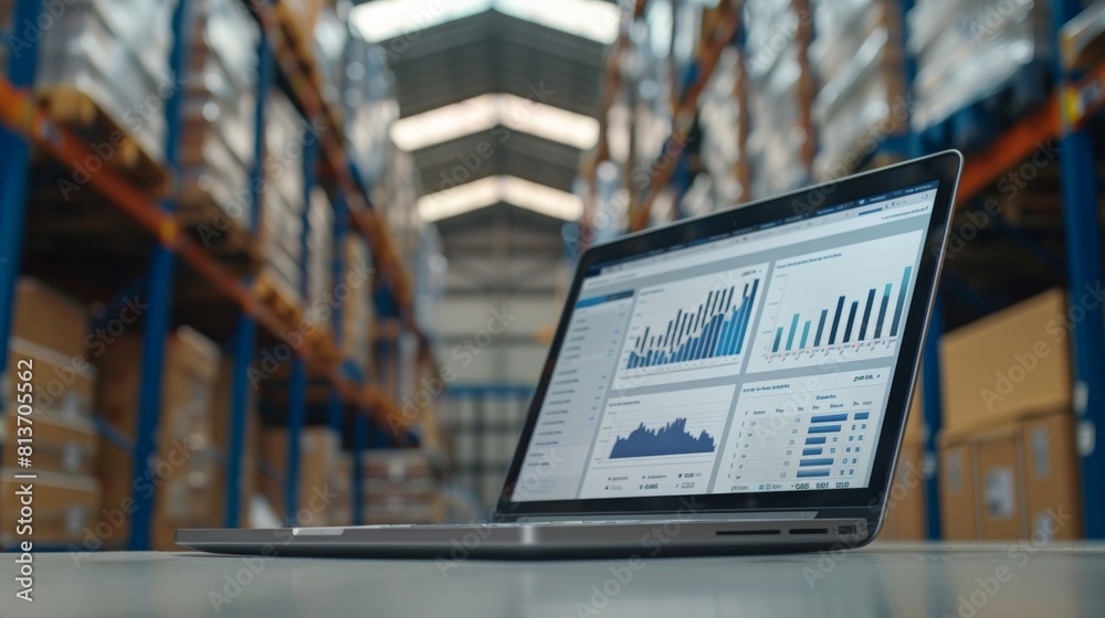 Poster stands in warehouse with laptop screen displaying infographics with graphs and statistics.