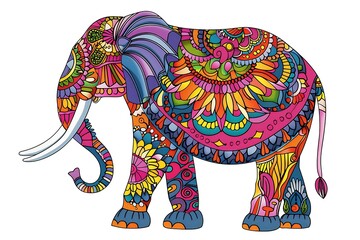 Obraz premium painted elephant in colorful patterns in traditional indian style, ornate animal wallpaper, ornament picture