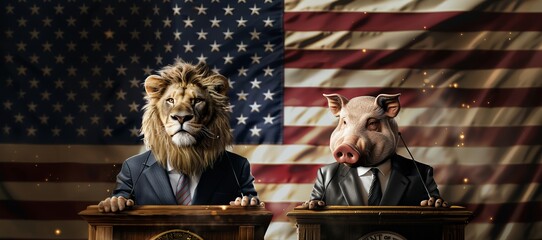 A surreal depiction of a lion and a pig, each in business suits, standing at podiums against an American flag backdrop.