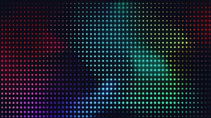 The led wall video screen has a green, blue, and red dot pattern on a black background. The background for the display has a grid pattern of pixels with a mesh of LEDs in it.