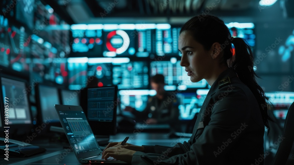 Wall mural as the special agent in charge talks to the military man in the monitoring room, a busy system contr
