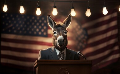 A whimsical image of a donkey in a business suit speaking at a podium, illuminated under spotlights with the American flag in the background.