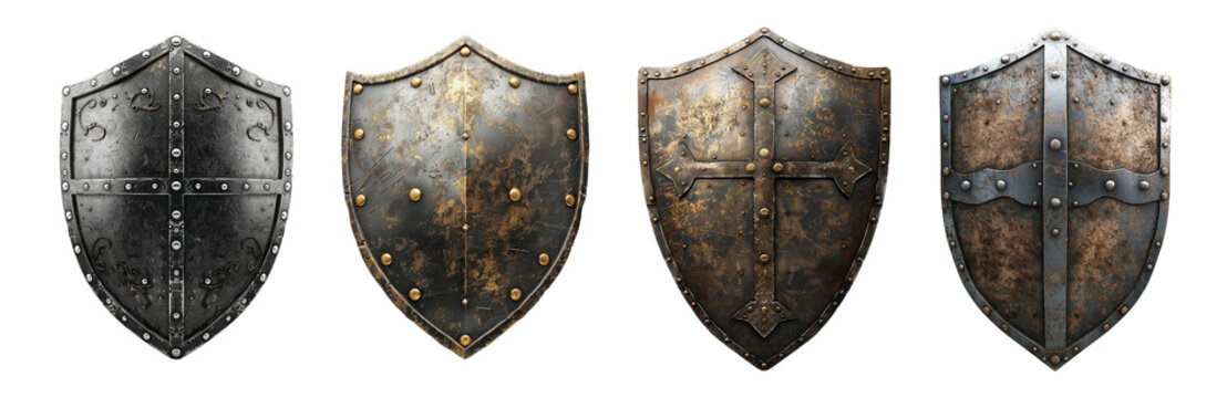 four realistic medieval metal shields different patterns cutout transparent background, design elements