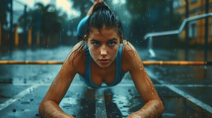 In a gated outdoor basketball court in a residential neighborhood area, a beautiful energetic fitness girl is doing pushups. It is after rain in the evening.