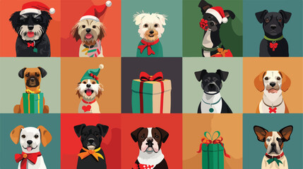 Collage of many different dogs with Christmas gifts 