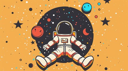 Astronaut flat design top view, exploration theme, cartoon drawing, Complementary Color Scheme