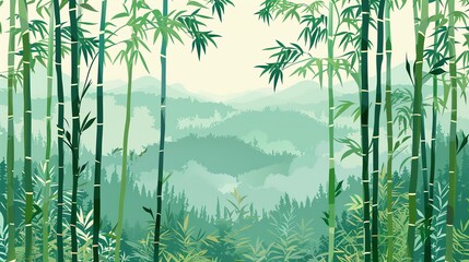 Bamboo forest flat design side view, Asian theme, water color, Complementary Color Scheme