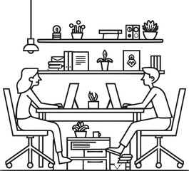 People are working in the office graphic black white interior sketch illustration vector