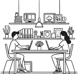 People are working in the office graphic black white interior sketch illustration vector