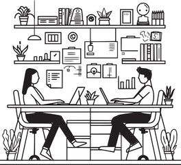 People are working in the office graphic black white interior sketch illustration vector