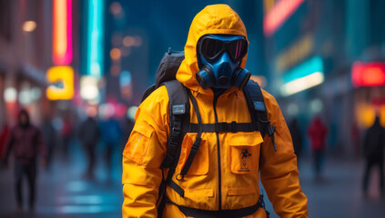 A prepper with his gas mask in a protective suit