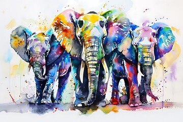 rainbow elephant family, watercolor painting style, safari wallpaper, bright drawing animal picture