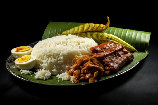 Sumptuous plate of nasi lemak with rice, egg, peanuts, anchovies, and sambal