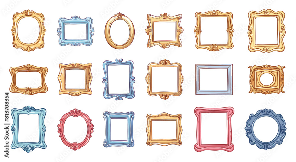 Wall mural cartoon blank picture frames set. various shapes in simple flat style. isolated vector illustrations