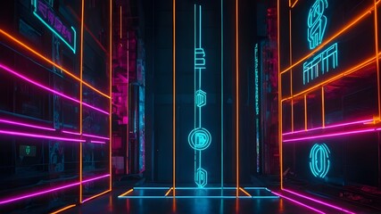 Vibrant neon lights forming abstract shapes, with digital currency logos interspersed throughout, Cybernetic organism integrated with blockchain technology, depicted against a backdrop of swirling