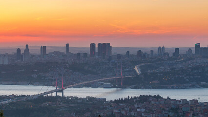 Istanbul city skyline cityscape time lapse from day to night view of bosphorus bridge and financial business center