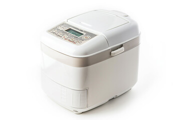 A multi-functional bread maker equipped with programmable settings for different types of bread and dough isolated on a solid white background.
