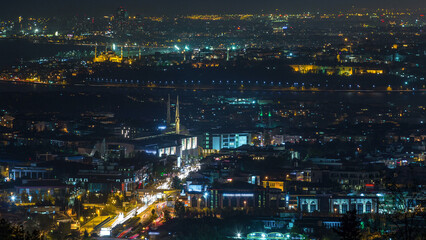 Istanbul classical night skyline scenery timelapse, view over Bosporus channel.
