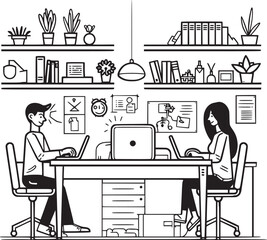 People are working in the office graphic black white interior sketch illustration vector