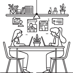 People are working in the office graphic black white interior sketch illustration vector