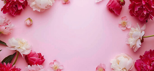 A pink background with white and fuchsia peonies in the corners. creates an empty space for text or product display. The flowers are arranged around to form a circular pattern that adds a touch.