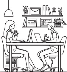Fototapeta premium People are working in the office graphic black white interior sketch illustration vector