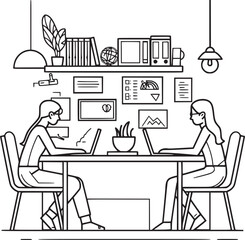 People are working in the office graphic black white interior sketch illustration vector