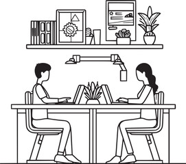 People are working in the office graphic black white interior sketch illustration vector