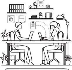 Fototapeta premium People are working in the office graphic black white interior sketch illustration vector