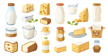 Cartoon Milk Products Set. Dairy Icons in Flat Vector Style on White Background. Milk, Cheese, Yogurt, Butter, and More. Isolated Illustrations for Food Design