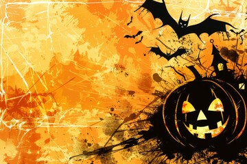 Spooky halloween scene  pumpkins, bats, ghosts, and haunted house on vibrant orange background