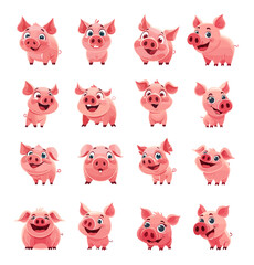 Cartoon Piglet Avatar Set. Illustrations in Various Poses. Isolated Vector Collection on White Background. Simple Flat Style for Animal Avatars and Farm-themed Designs