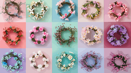 Collage with many beautiful Easter wreaths on color background