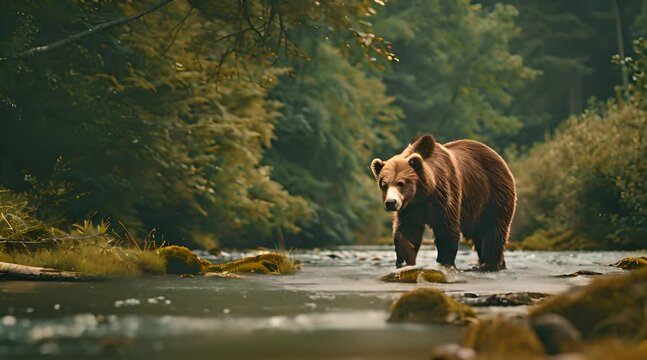 grizzly bear walking on river