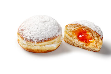 Doughnuts with apricot jelly, sprinkled with powdered sugar