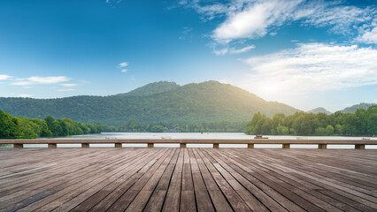 Serene Lake Panorama with Sunny Wooden Deck Outlook